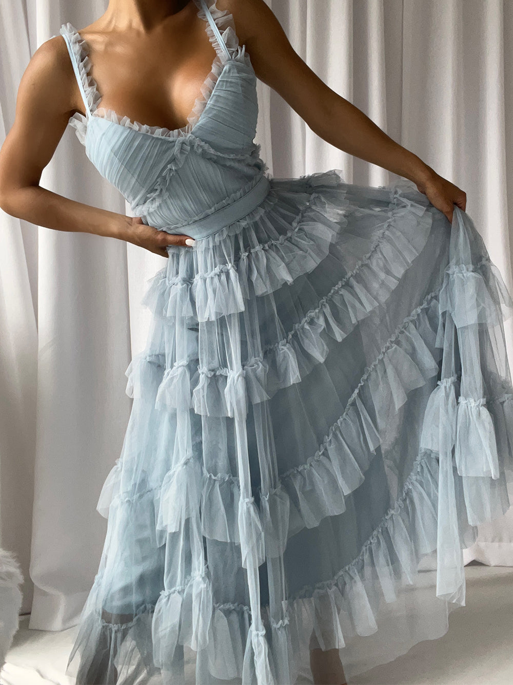Light Blue Ruffle Strap Sweetheart Layered Tiered Tulle A-Line Maxi Dress