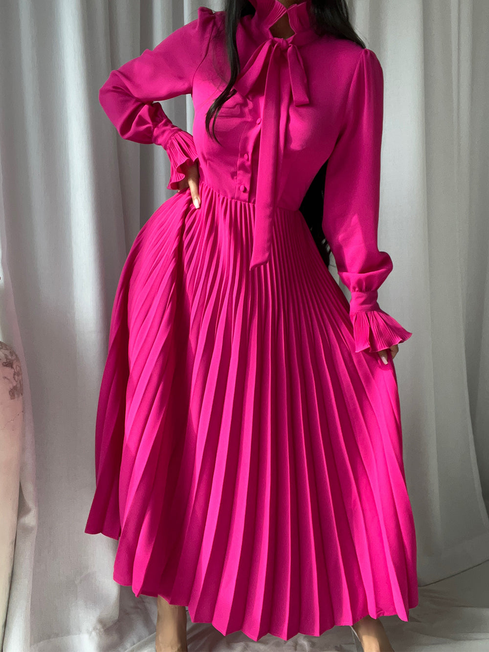 Fuchsia Tie Neck Bow Ruffle Sleeve Pleated A-Line Maxi Dress 3