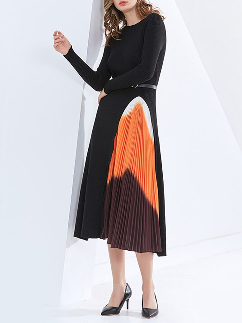Black Round Neck Ribbed Knit Belted Pleated Panel Maxi Dress 9