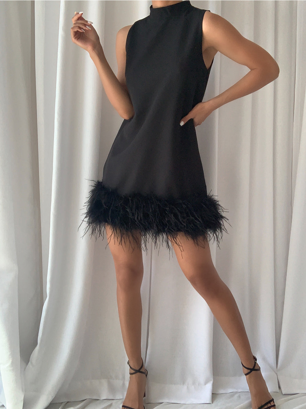 Black High Neck Sleeveless Feather Trim Hem Shift Mini Dress