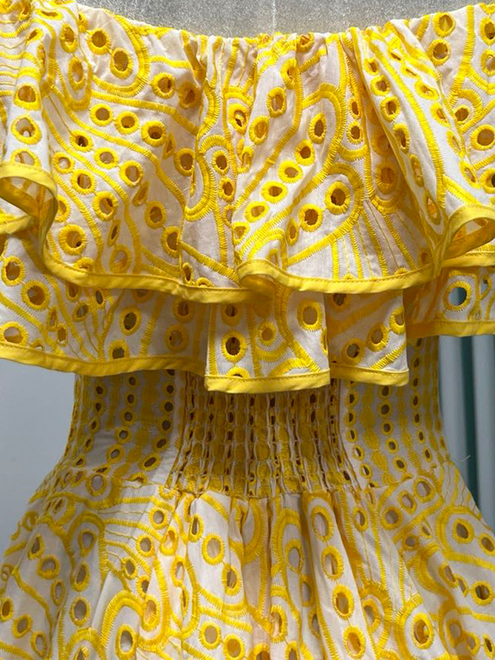 Off-Shoulder Ruffle Eyelet Embroidered Scallop Hem Flared Mini Dress 14