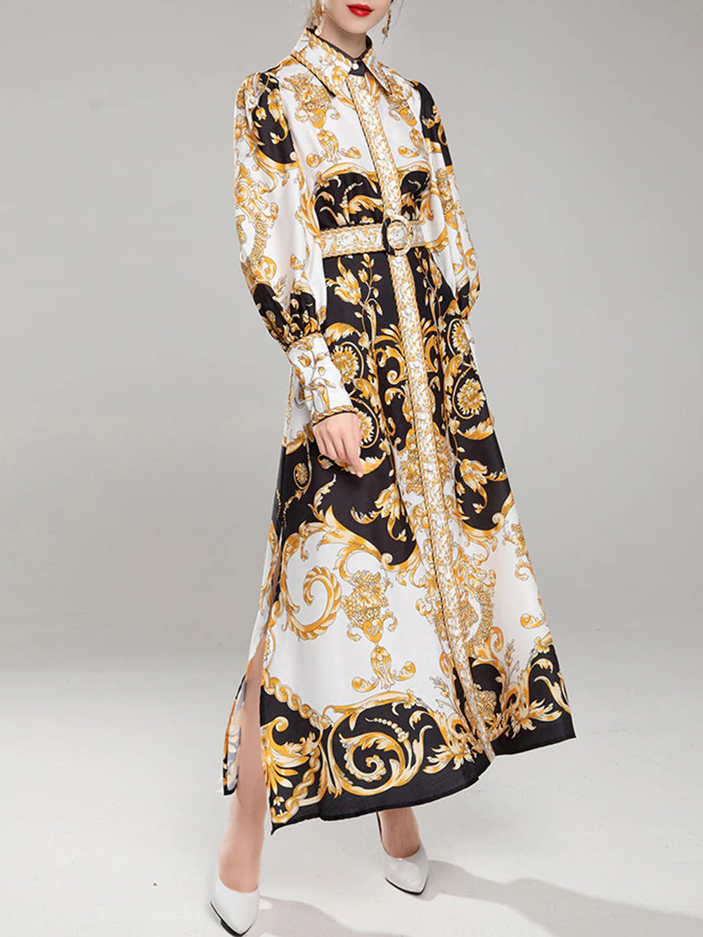 Gold Collared Baroque Print Long Sleeve High Slit Shirt Maxi Dress 4