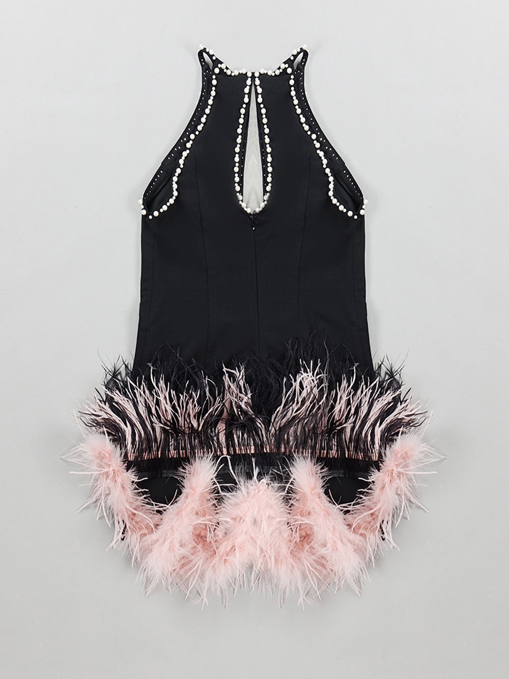Black Halter Neck Pearl Beaded Mesh Cutout Feather Hem Bodycon Mini Dress 9