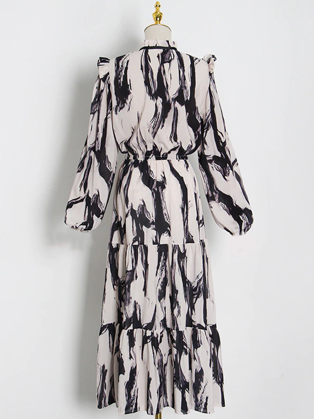 B&w Ruffle High Neck Puff Sleeve Abstract Print Tiered Midi Dress