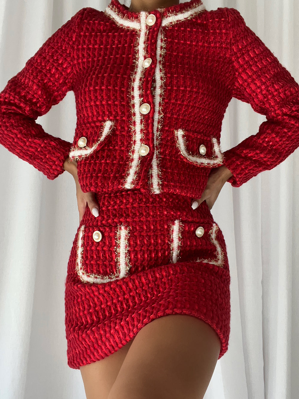 Red Pearl Button Contrast Trim Tweed Jacket and Mini Skirt Set