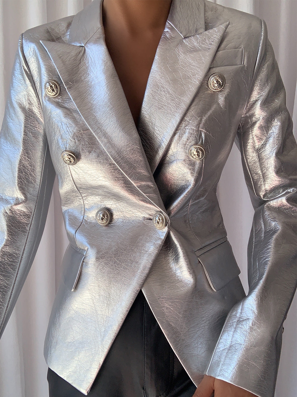 Silver Notched Lapel Double-Breasted Gold Button Metallic Leather Blazer 3