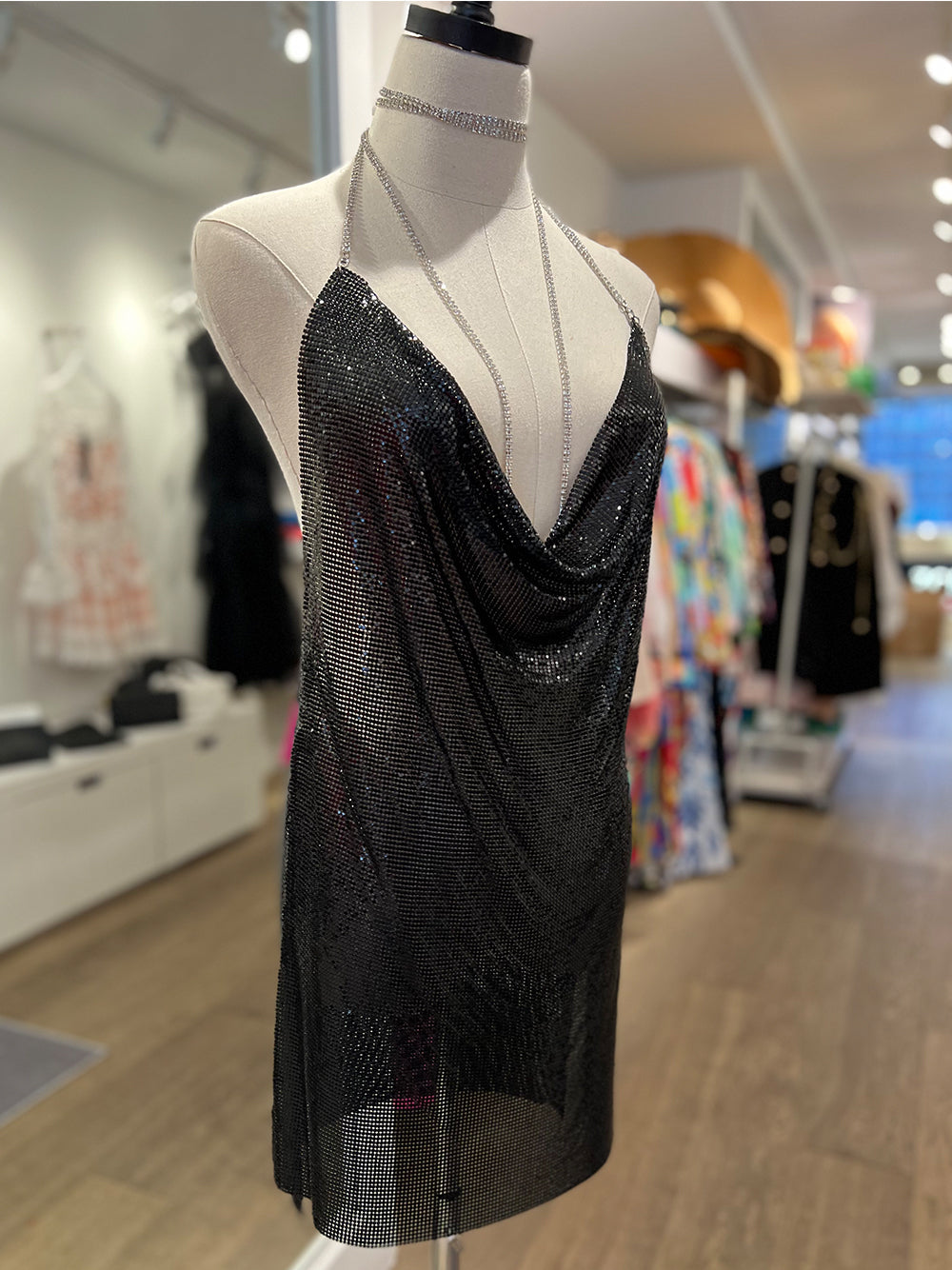 Black Halter Cowl Neck Backless Chainmail High Slit Mini Dress