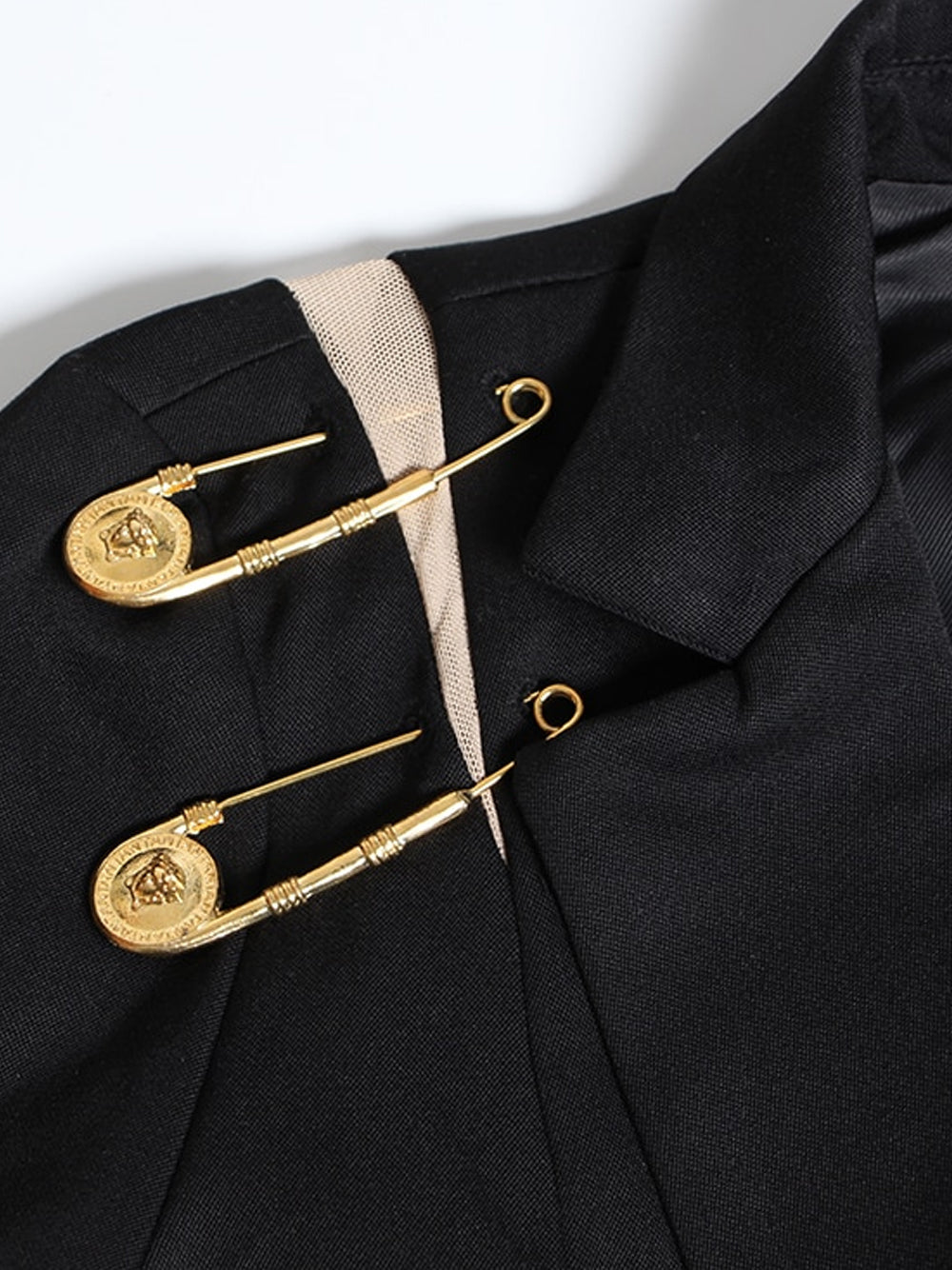 Black Peak Lapel Safety Pin Embellished Single Button Blazer 16