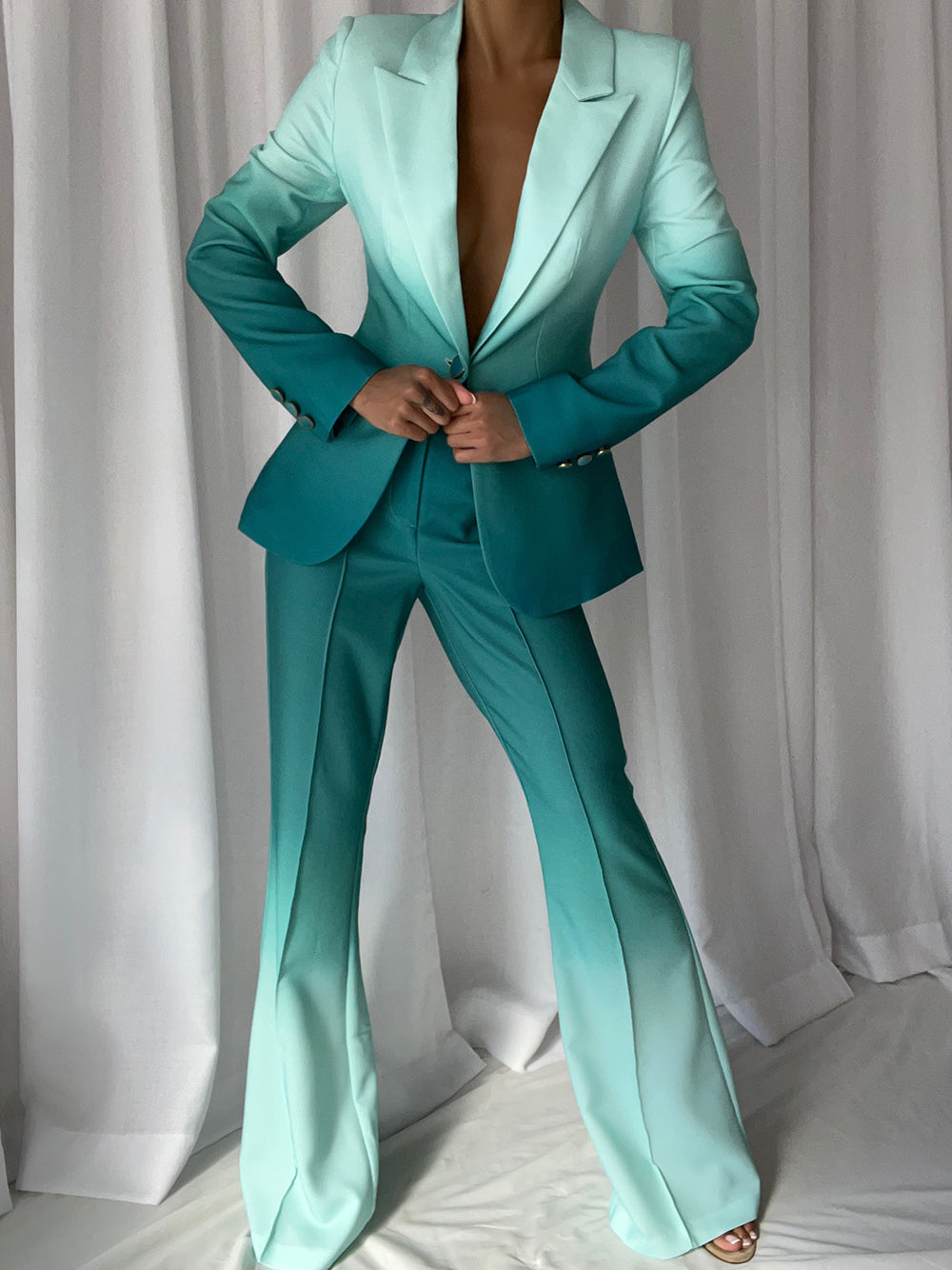 Blue Peak Lapel Ombre Single-Button Blazer and Flared Trousers Set