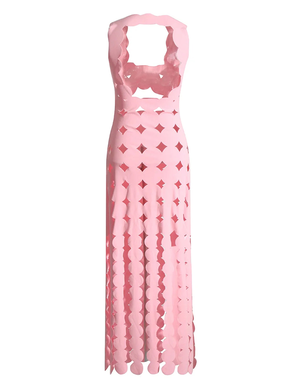 Pink Square Neck Laser Cut Scallop Cutout Fringe Bodycon Maxi Dress 2