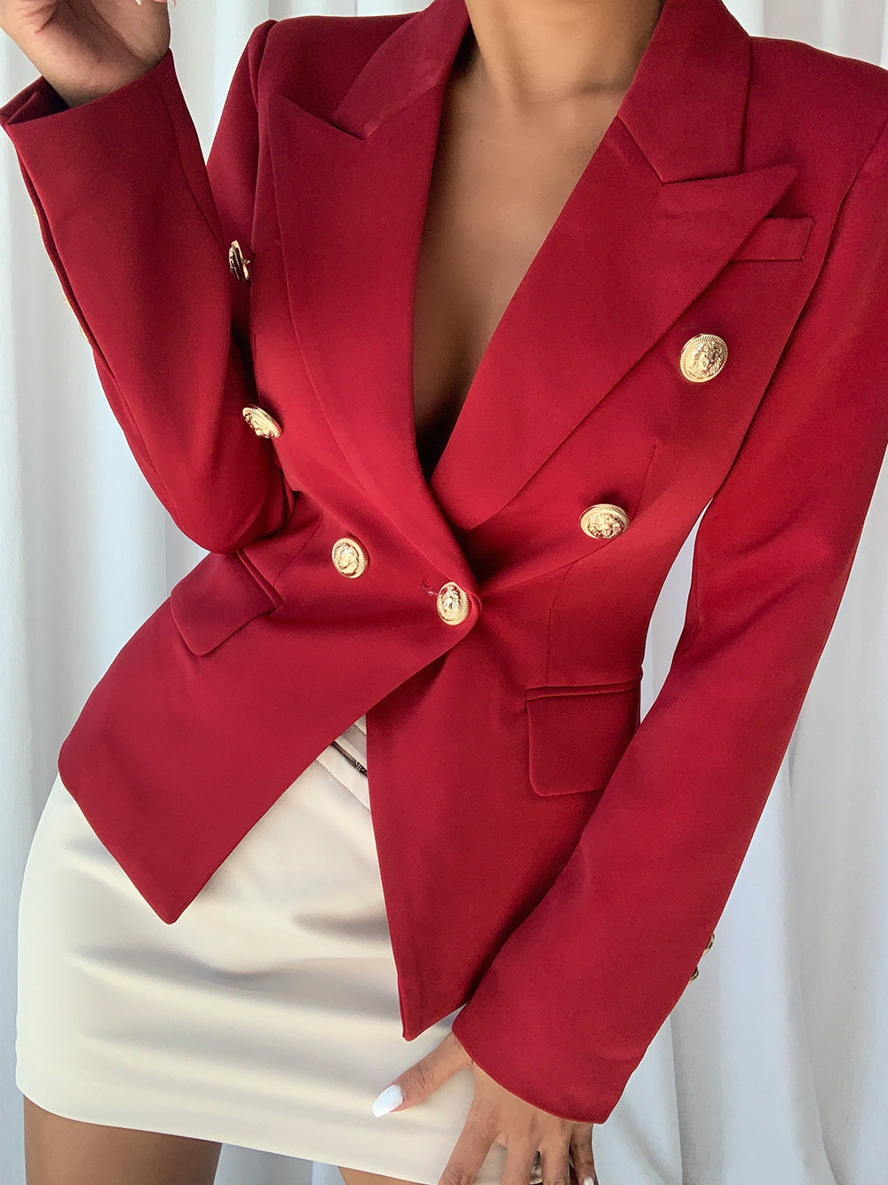 Red Peak Lapel Double Breasted Gold Button Tailored Blazer
