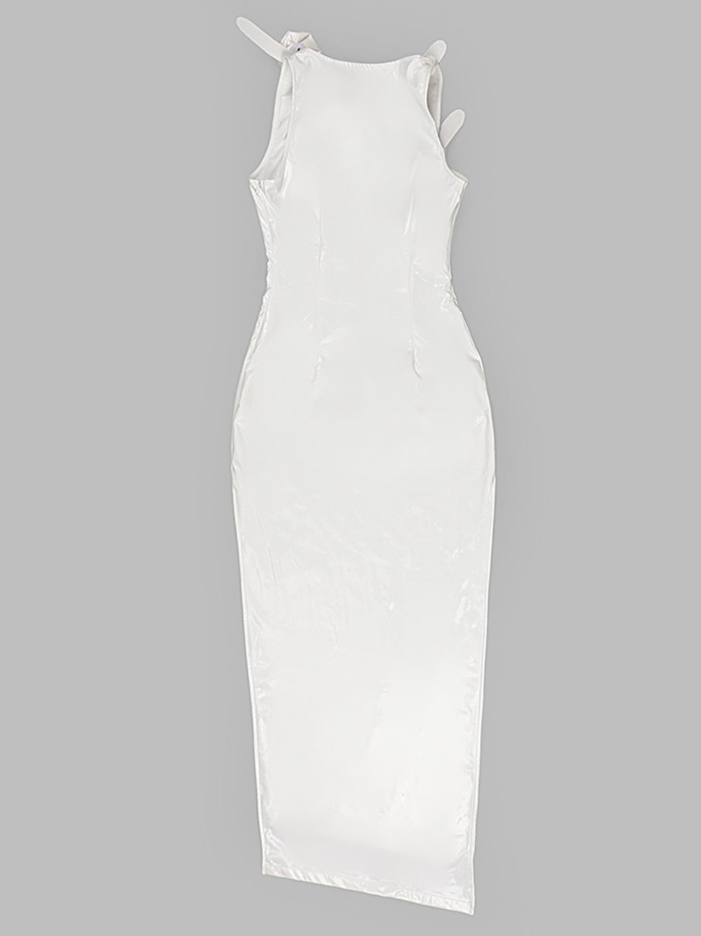 White Asymmetric Neckline Satin Rosette Applique Bodycon Maxi Gown 7