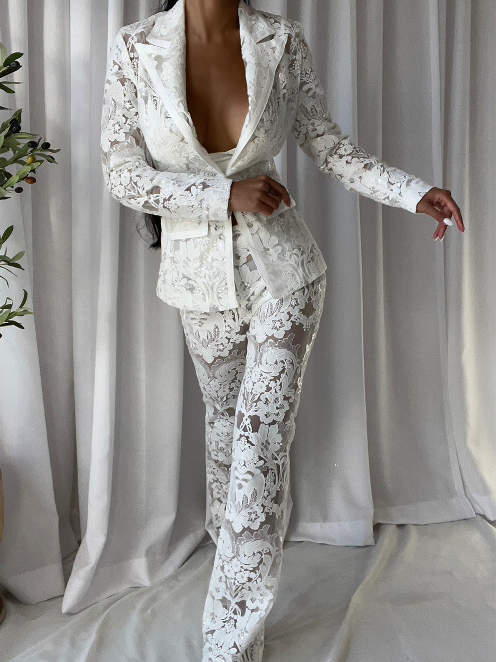 White Floral Lace Sheer Blazer and Flared Pants Set 5
