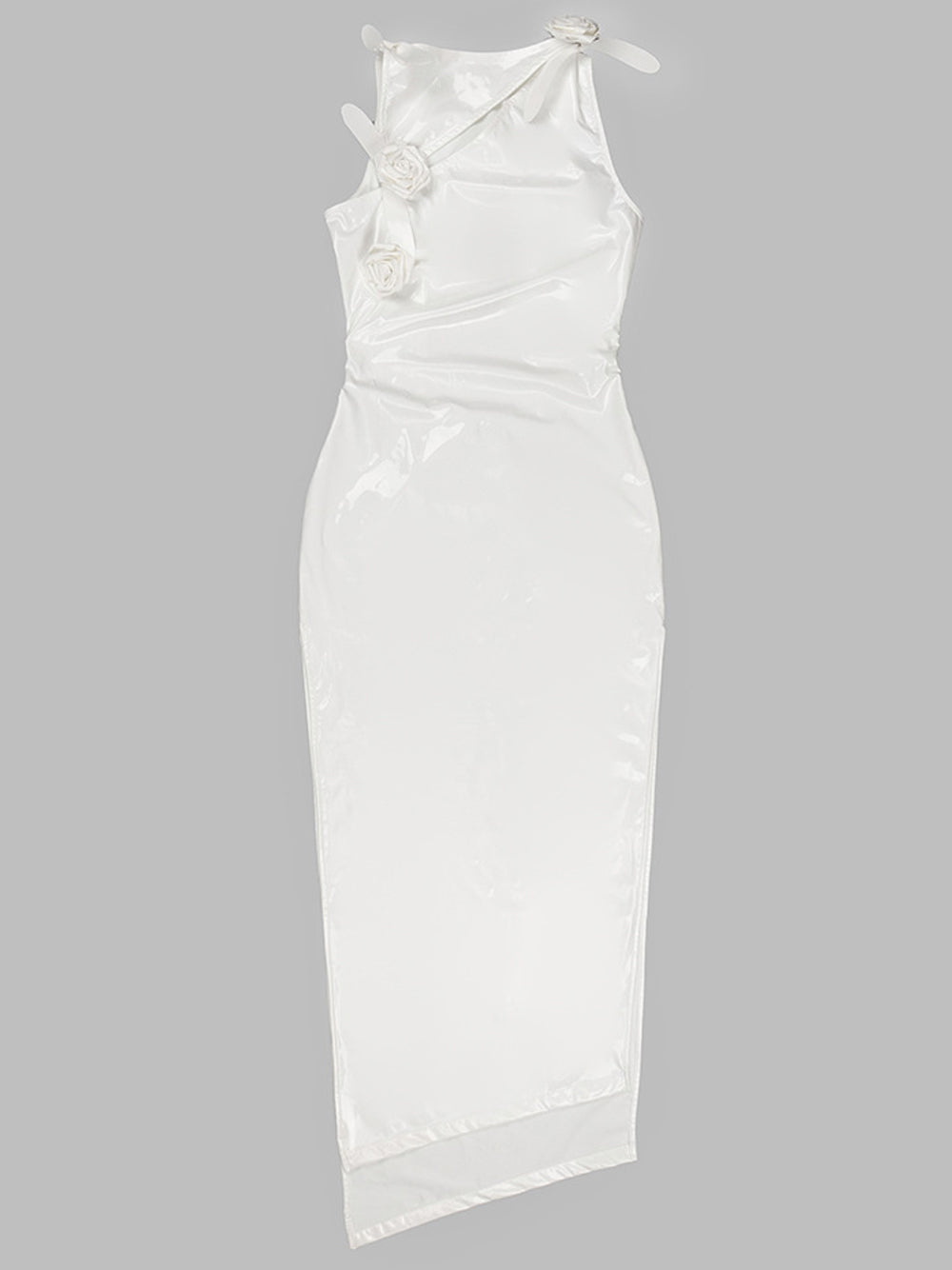 White Asymmetric Neckline Satin Rosette Applique Bodycon Maxi Gown 6