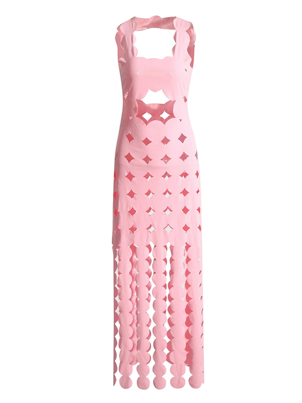 Pink Square Neck Laser Cut Scallop Cutout Fringe Bodycon Maxi Dress