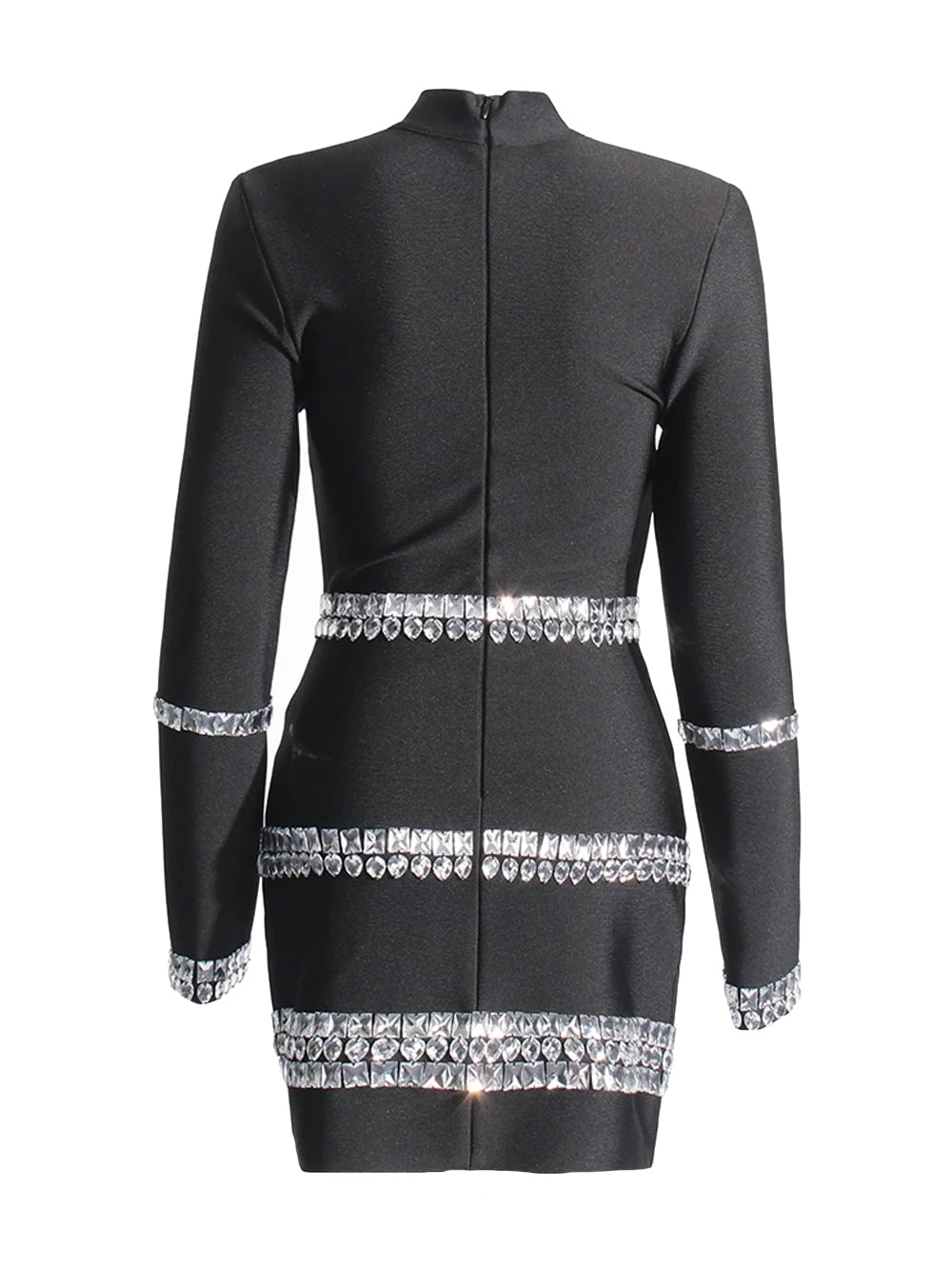 Black High Neck Crystal Embellished Long Sleeve Bodycon Mini Dress