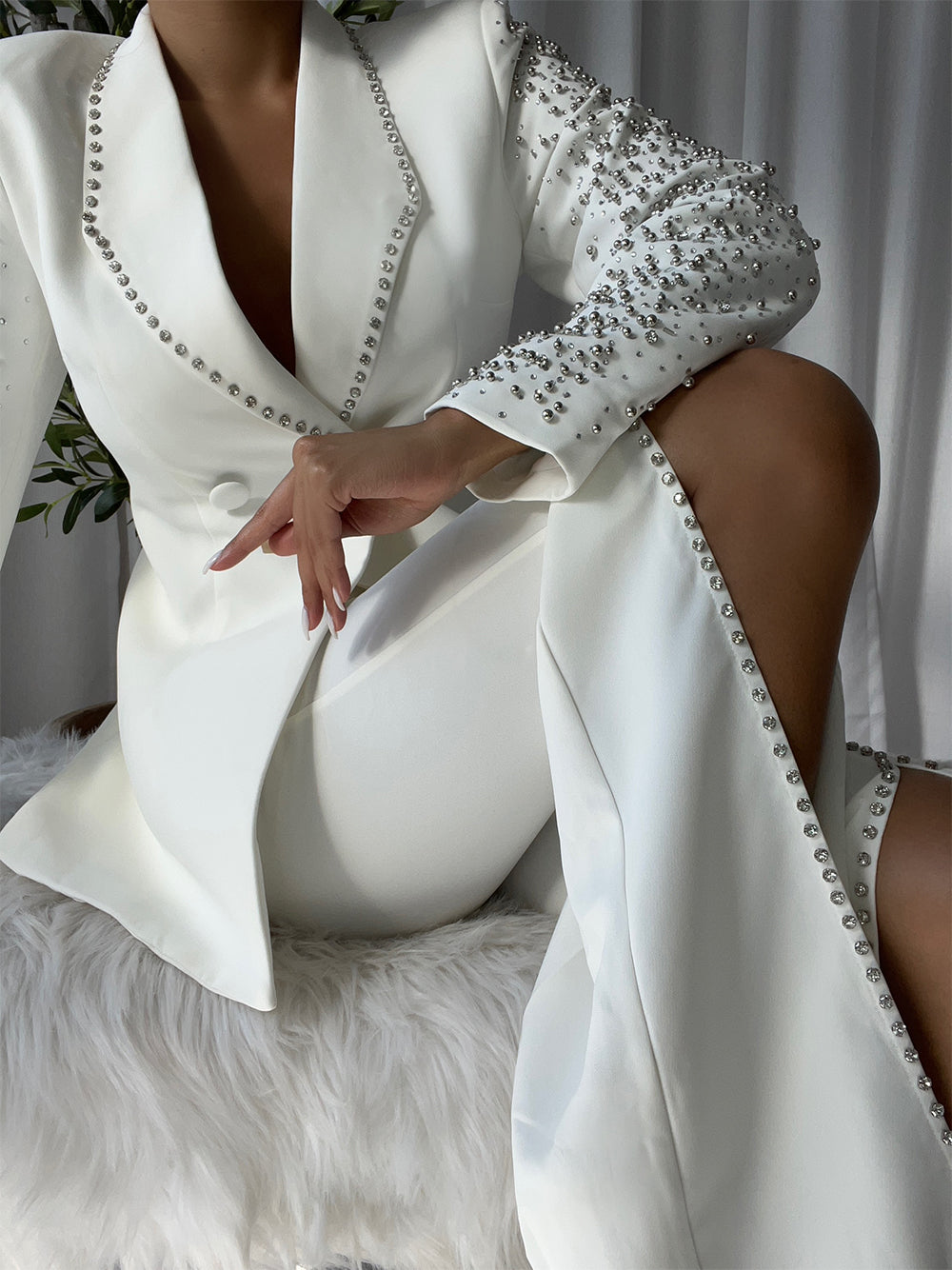 White Shawl Lapel Crystal Beaded Blazer Top Pants Set 3