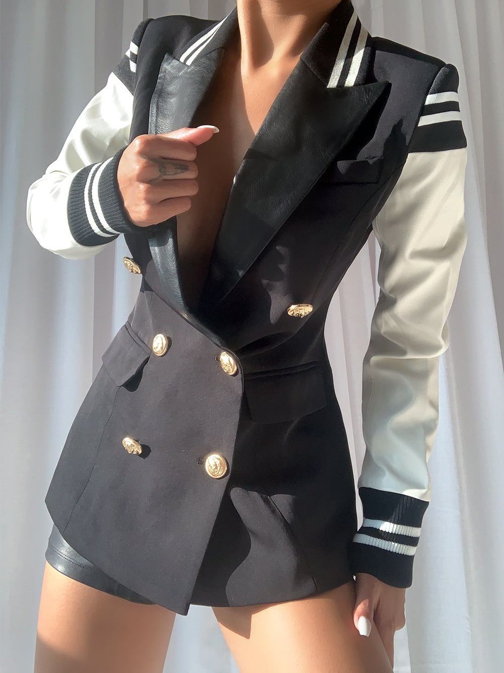 B&w Double-Breasted Gold Button Varsity Sleeve Contrast Blazer