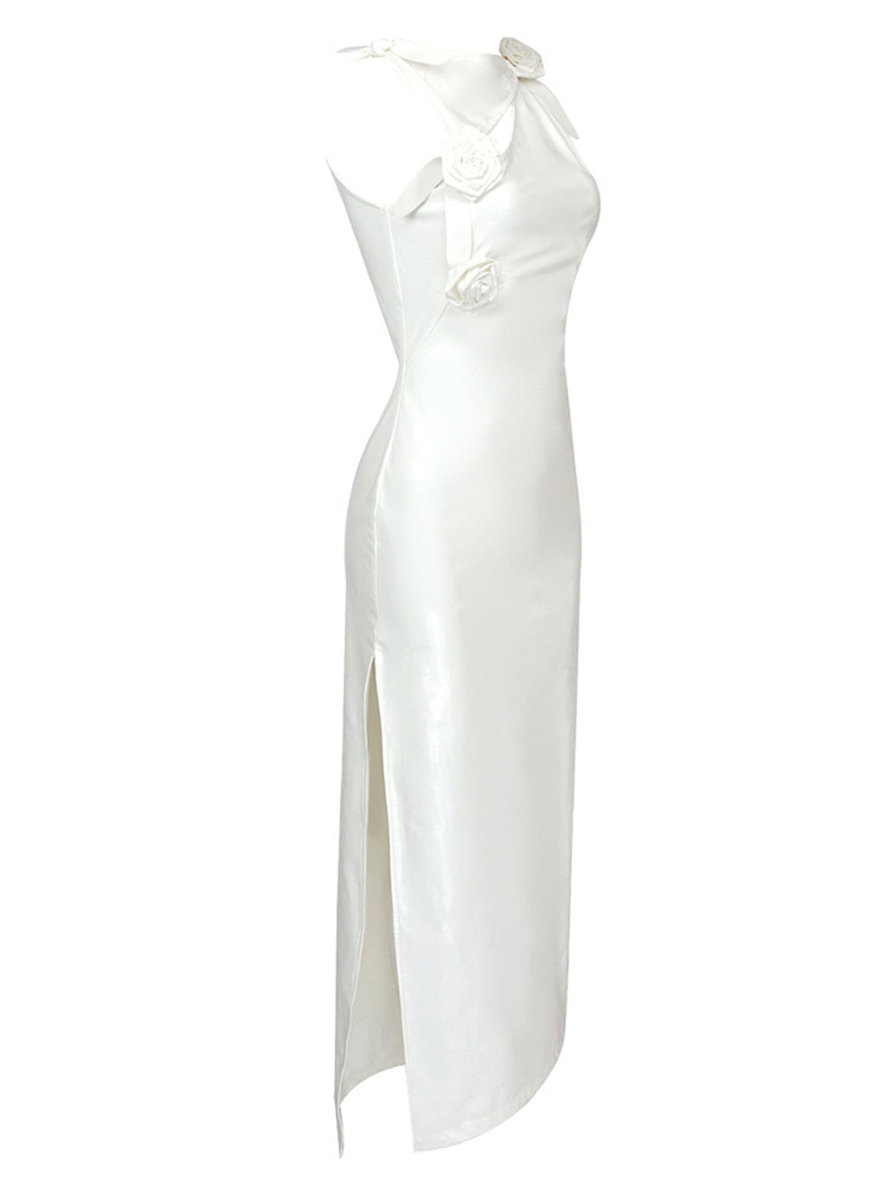 White Asymmetric Neckline Satin Rosette Applique Bodycon Maxi Gown 14