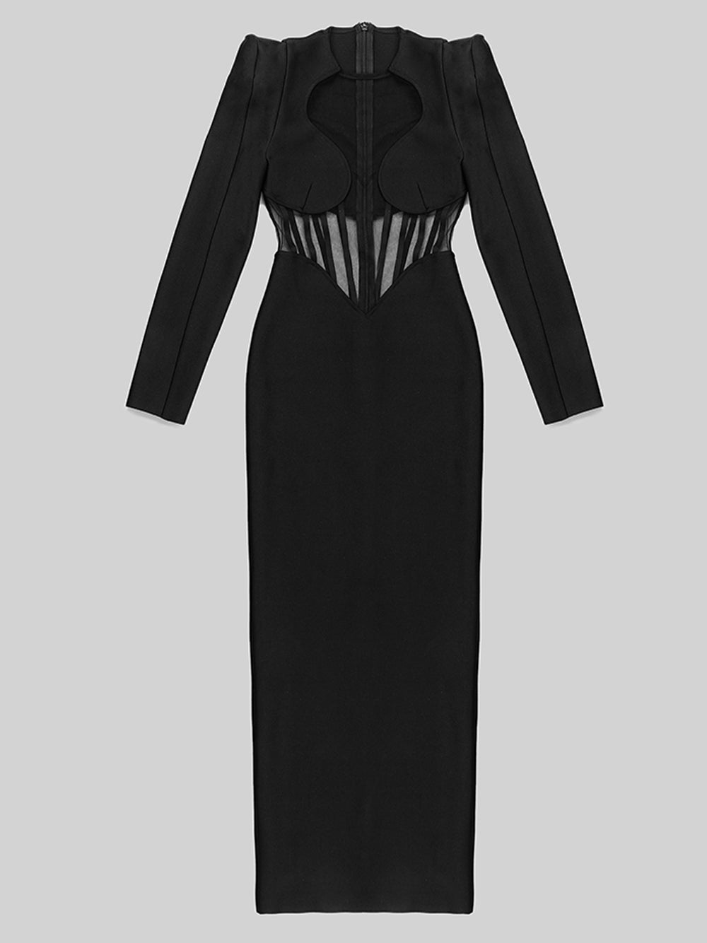 Black Long Sleeve Mesh Corset Illusion Cutout Bodycon Maxi Dress