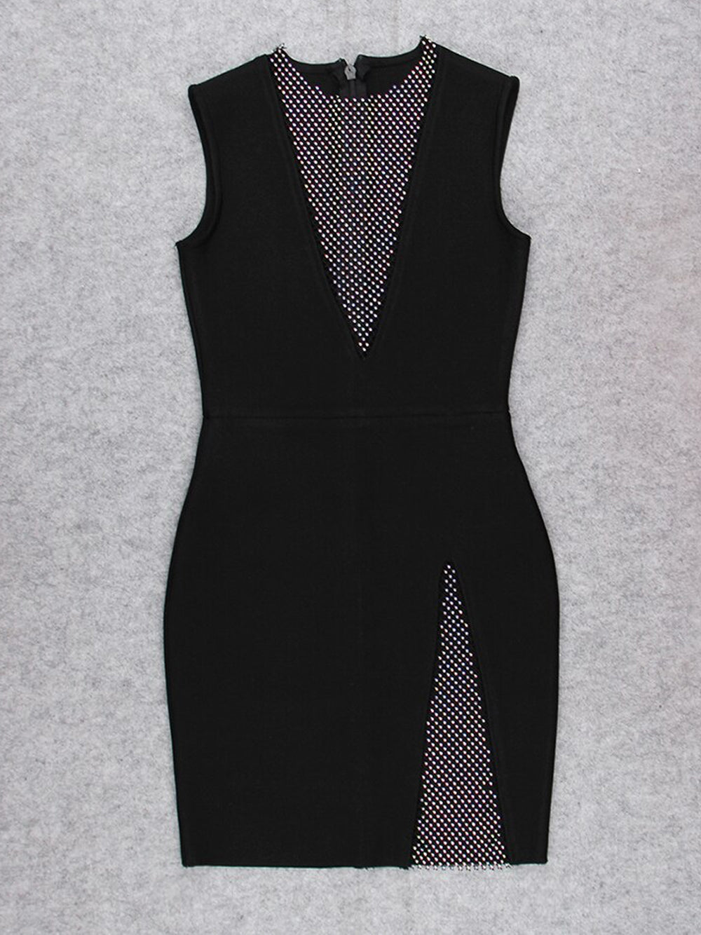 Black High Neck Rhinestone Mesh Insert Sleeveless Bodycon Mini Dress