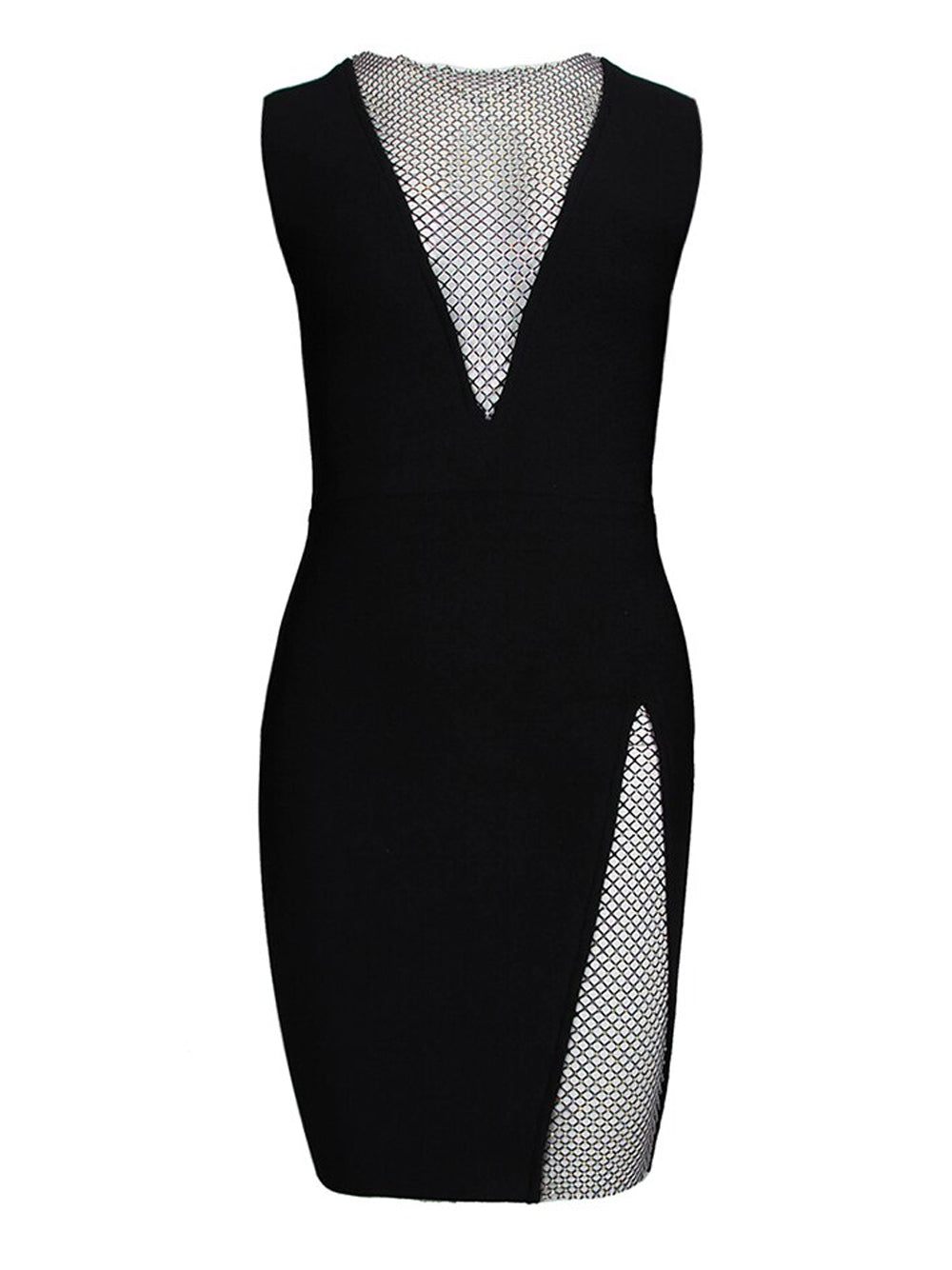 Black High Neck Rhinestone Mesh Insert Sleeveless Bodycon Mini Dress