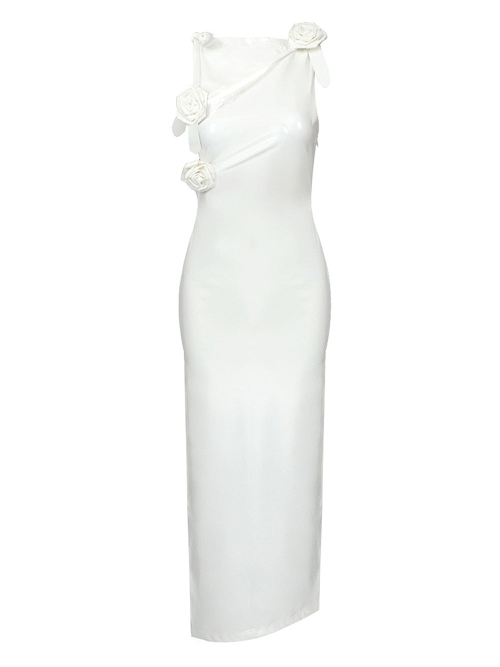 White Asymmetric Neckline Satin Rosette Applique Bodycon Maxi Gown