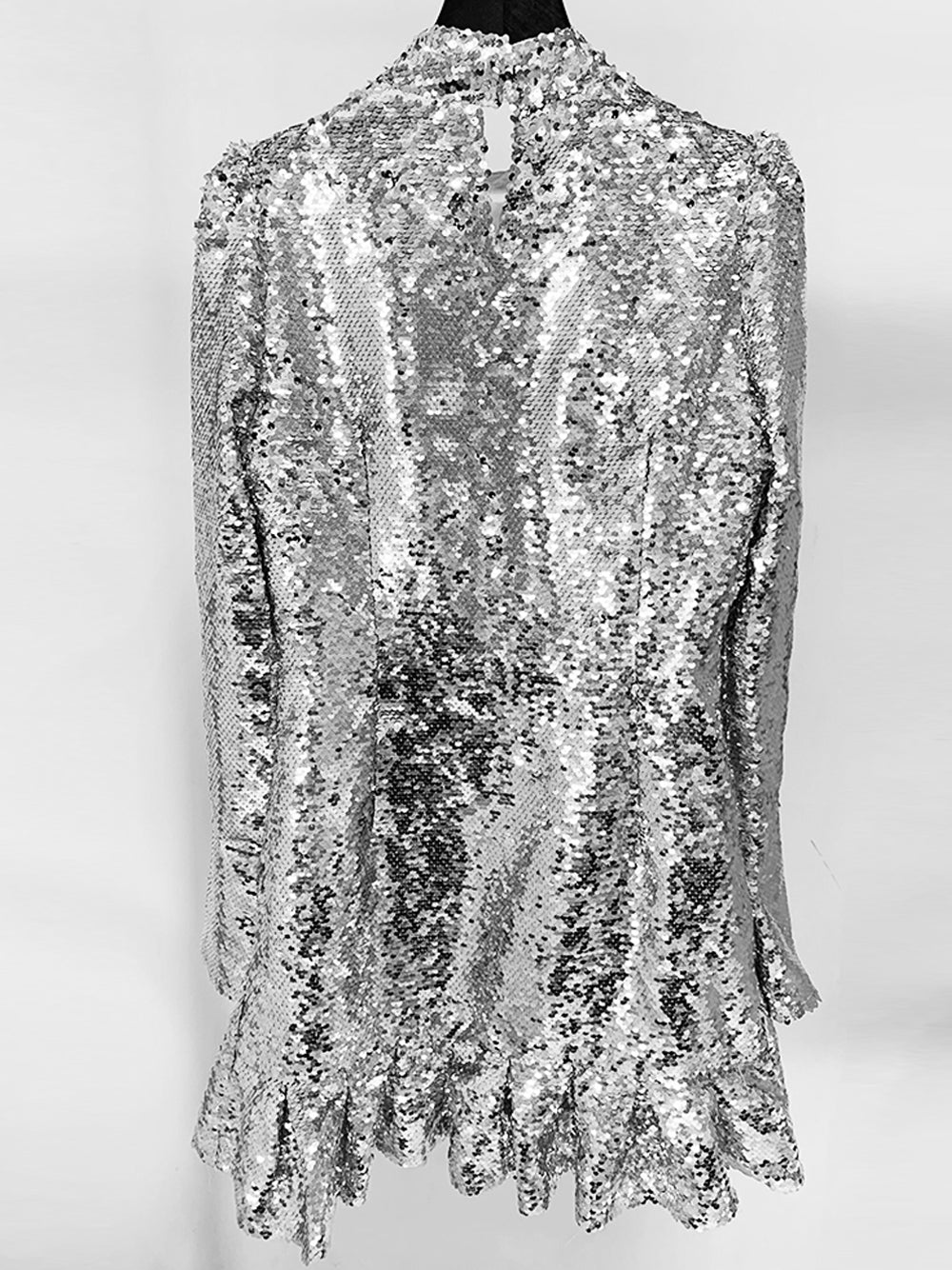 Silver High Neck Puff Sleeve Sequin Ruffle Hem A-Line Mini Dress