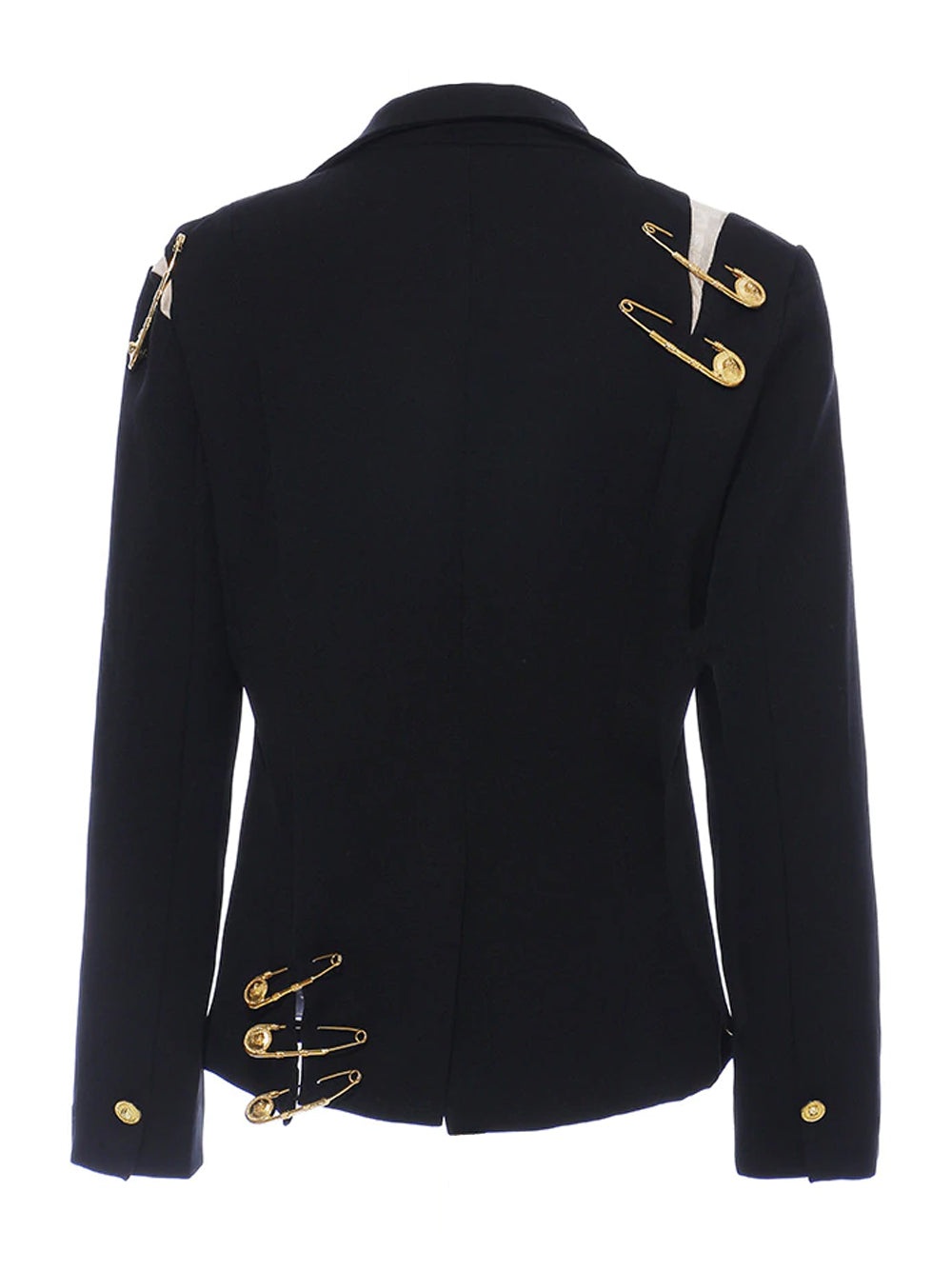 Black Peak Lapel Safety Pin Embellished Single Button Blazer 12