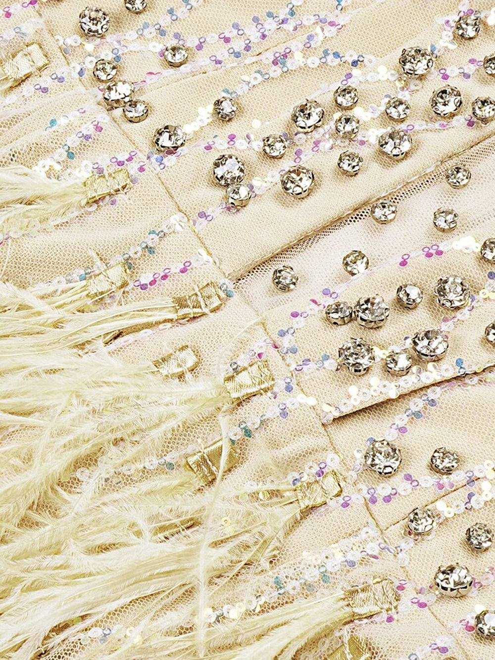 Beige Halter Neck Rhinestone Feather Skirt Bodycon Mini Dress