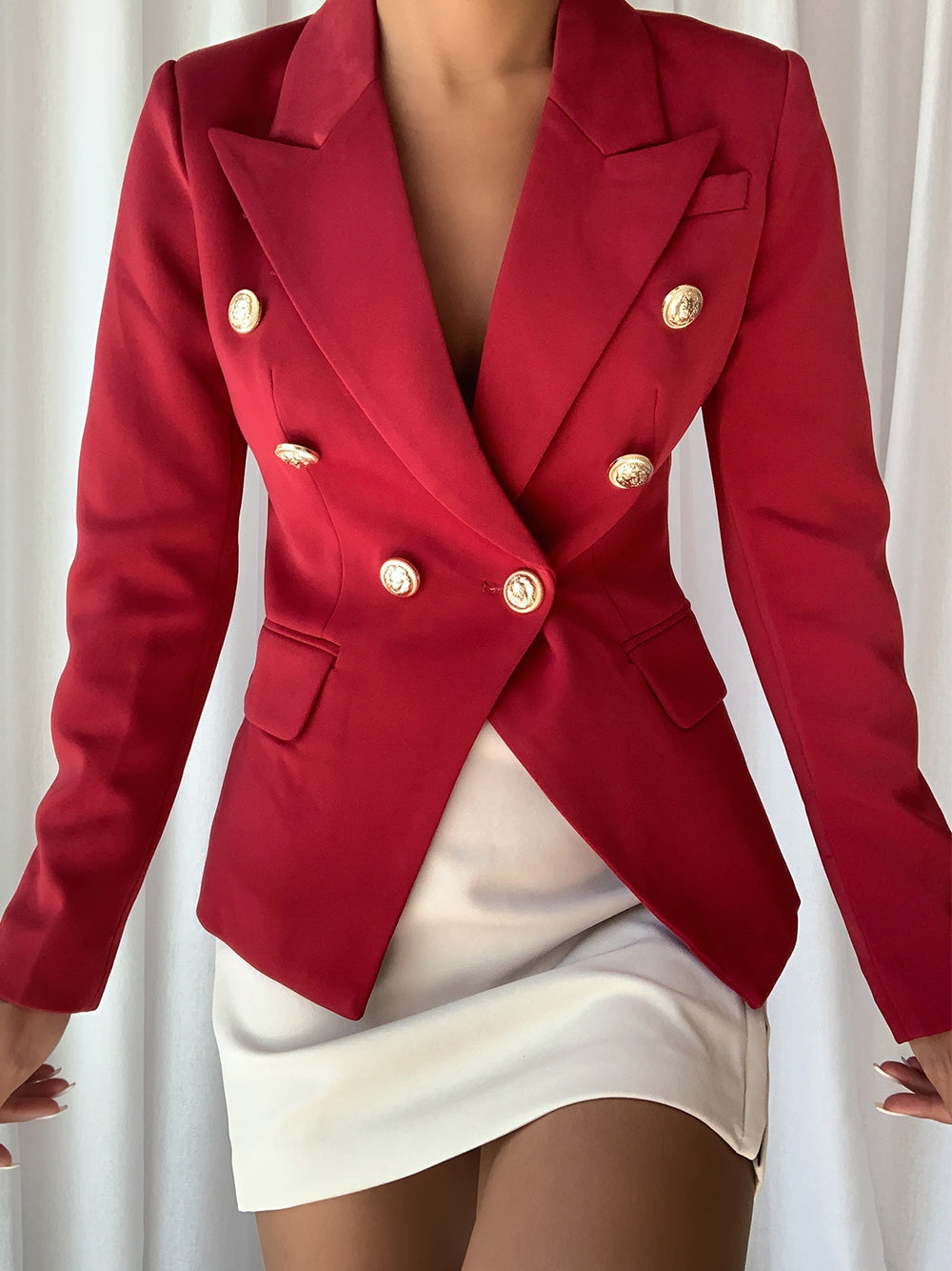 Red Peak Lapel Double Breasted Gold Button Tailored Blazer