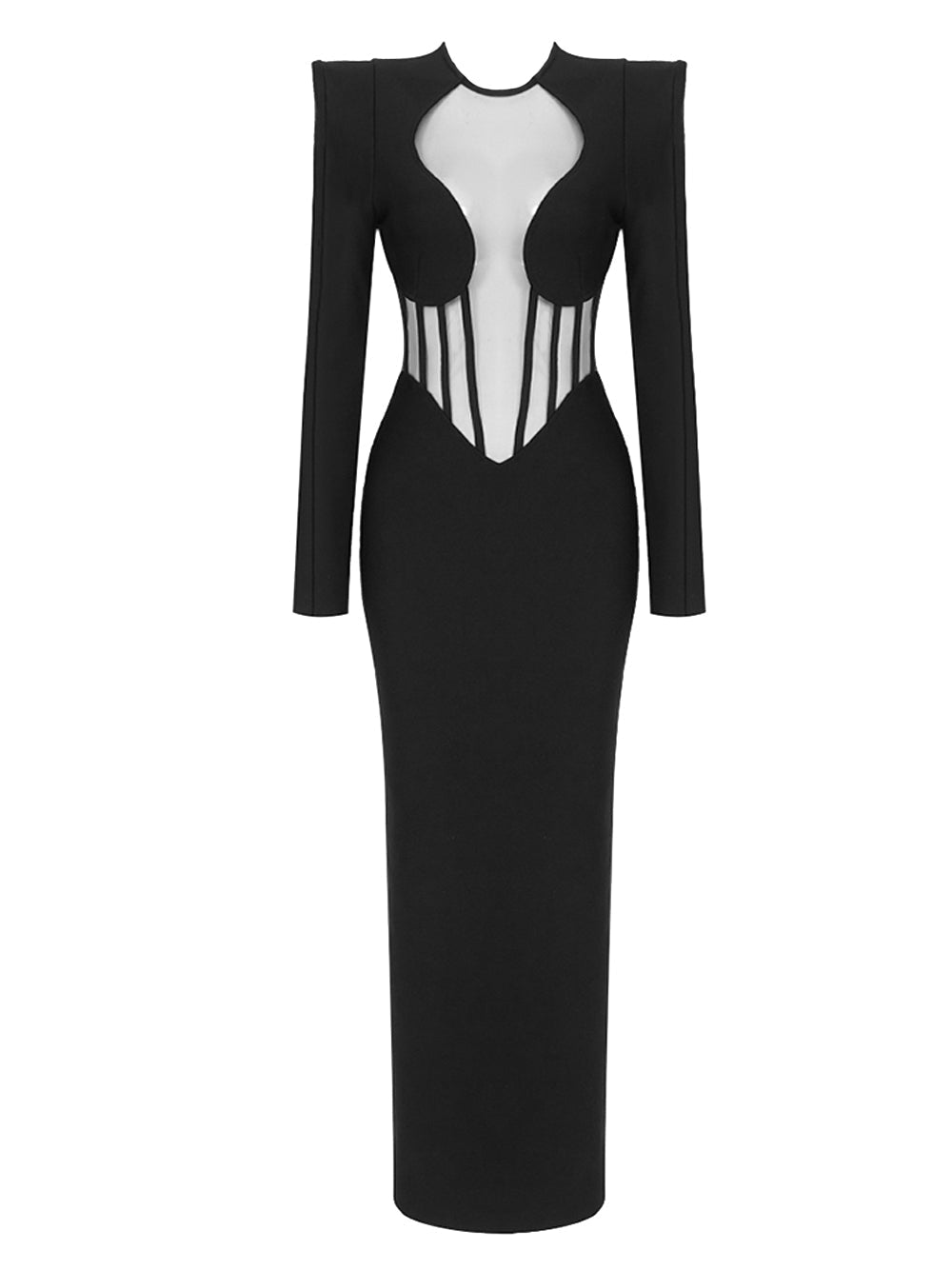 Black Long Sleeve Mesh Corset Illusion Cutout Bodycon Maxi Dress