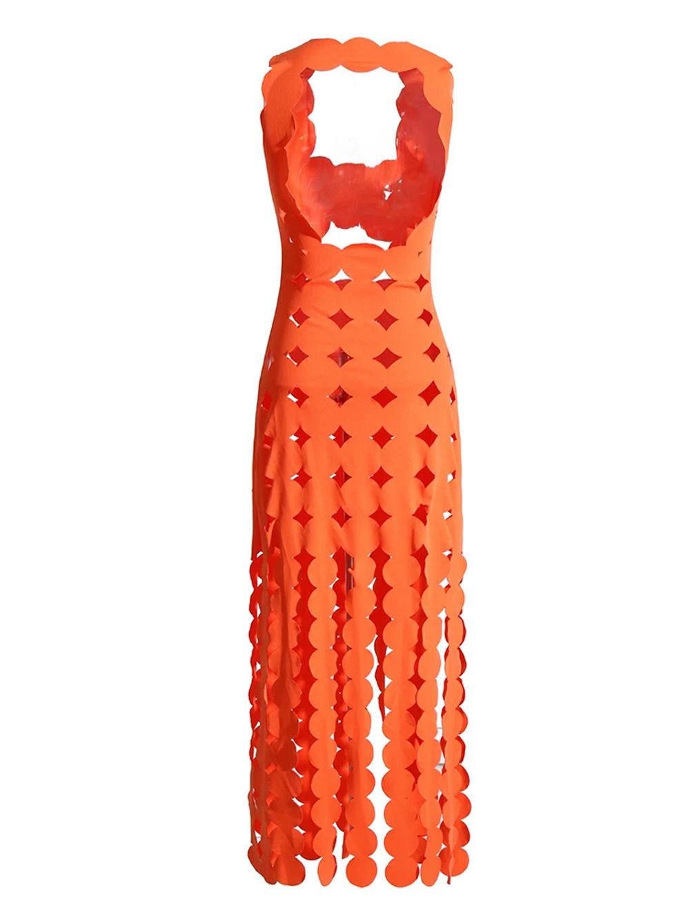 Orange One-Shoulder Laser Cut Scallop Cutout Bodycon Maxi Dress 5
