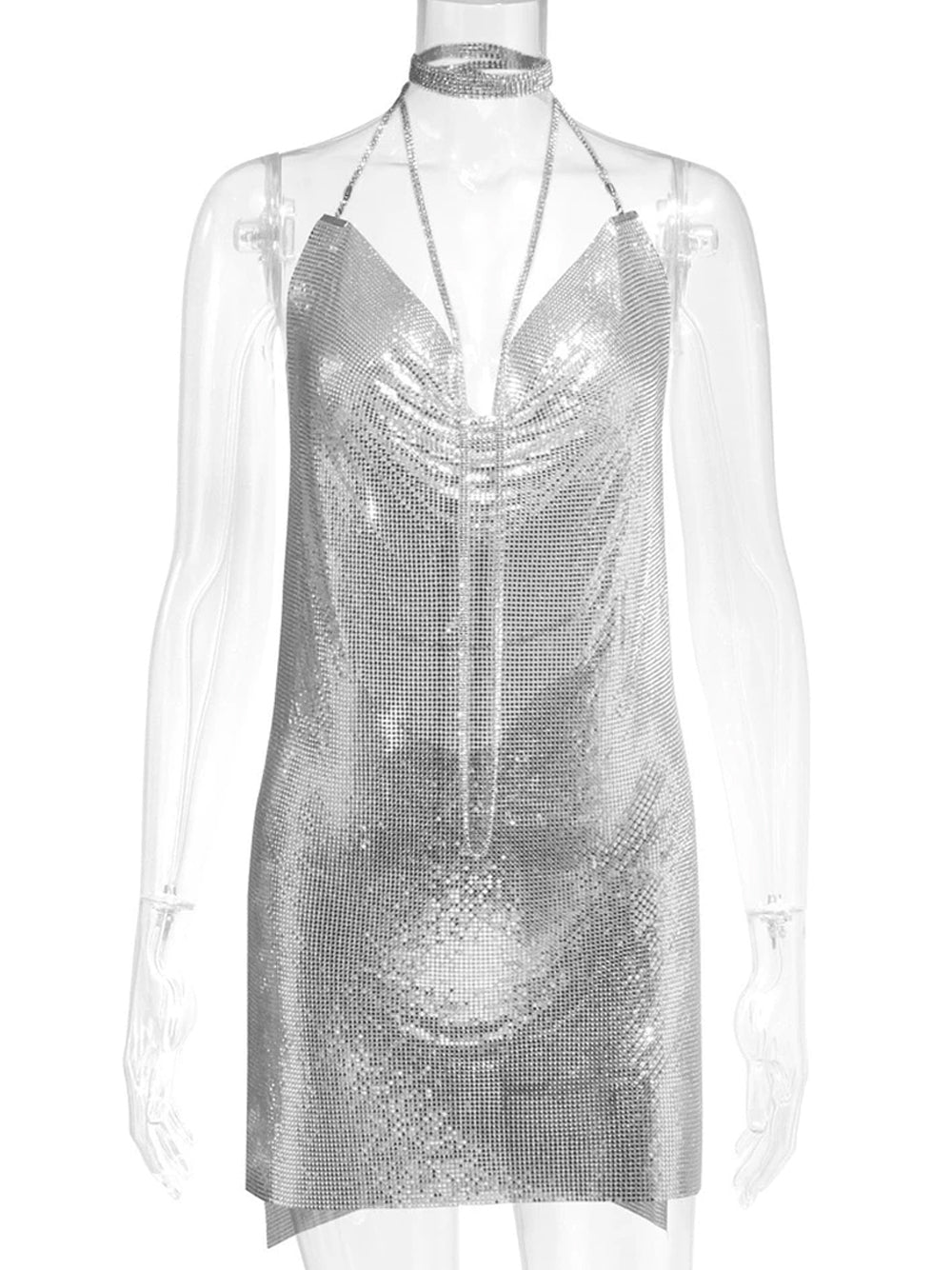 Chain Strap Cowl Neck Backless Chainmail Mini Dress