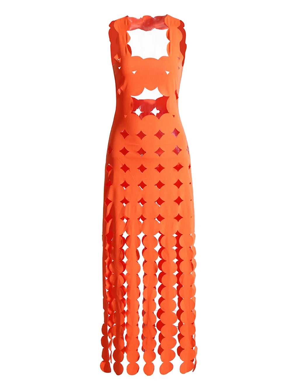 Orange One-Shoulder Laser Cut Scallop Cutout Bodycon Maxi Dress 4