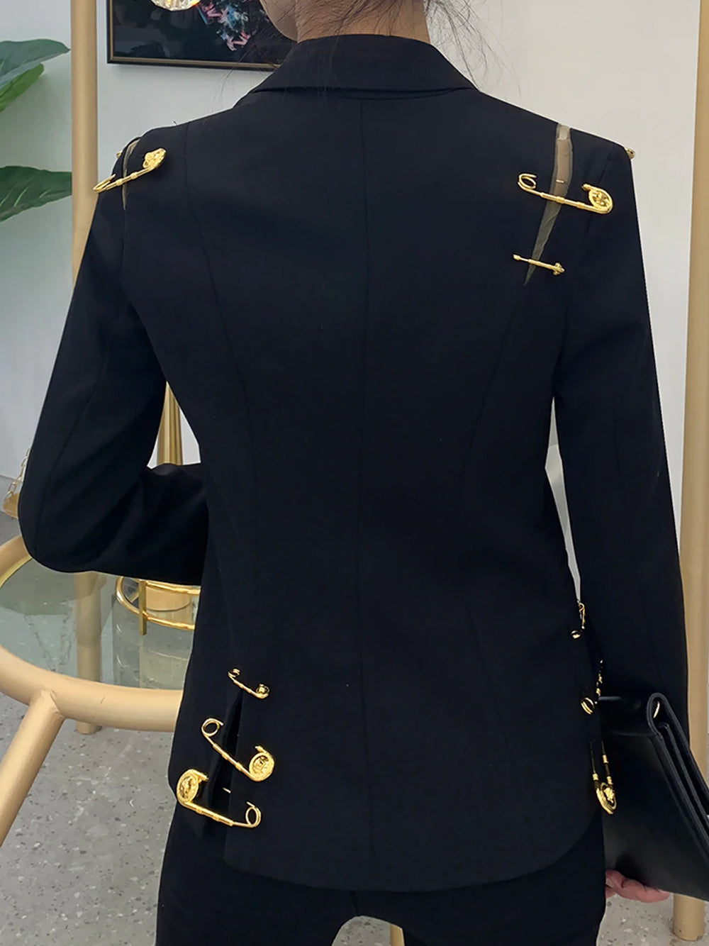 Black Peak Lapel Safety Pin Embellished Single Button Blazer 7