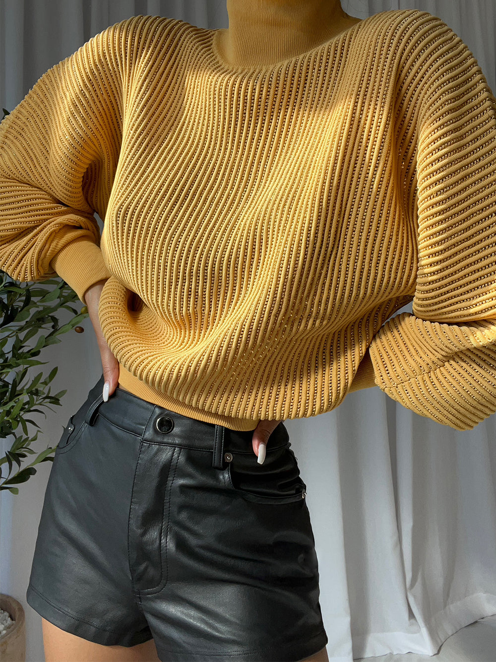 Brown Turtleneck Rhinestone Ribbed-Knit Long Sleeve Sweater