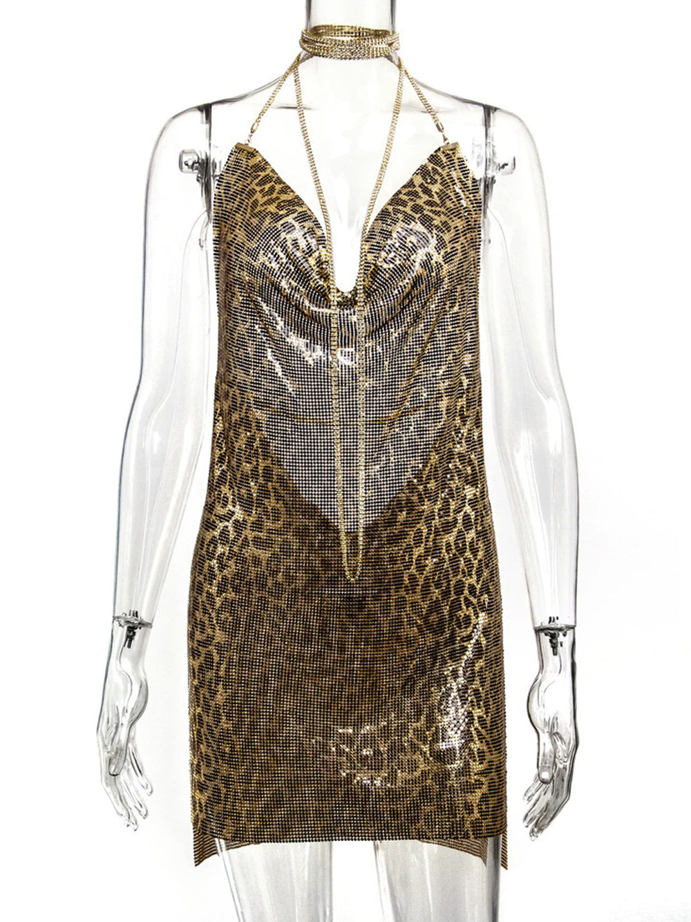 Chain Strap Cowl Neck Backless Chainmail Mini Dress