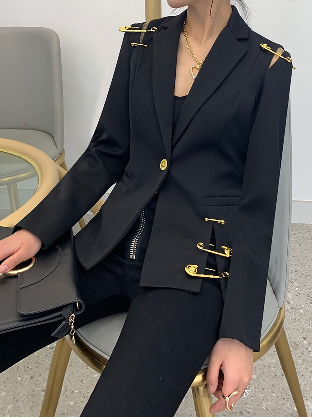 Black Peak Lapel Safety Pin Embellished Single Button Blazer 6