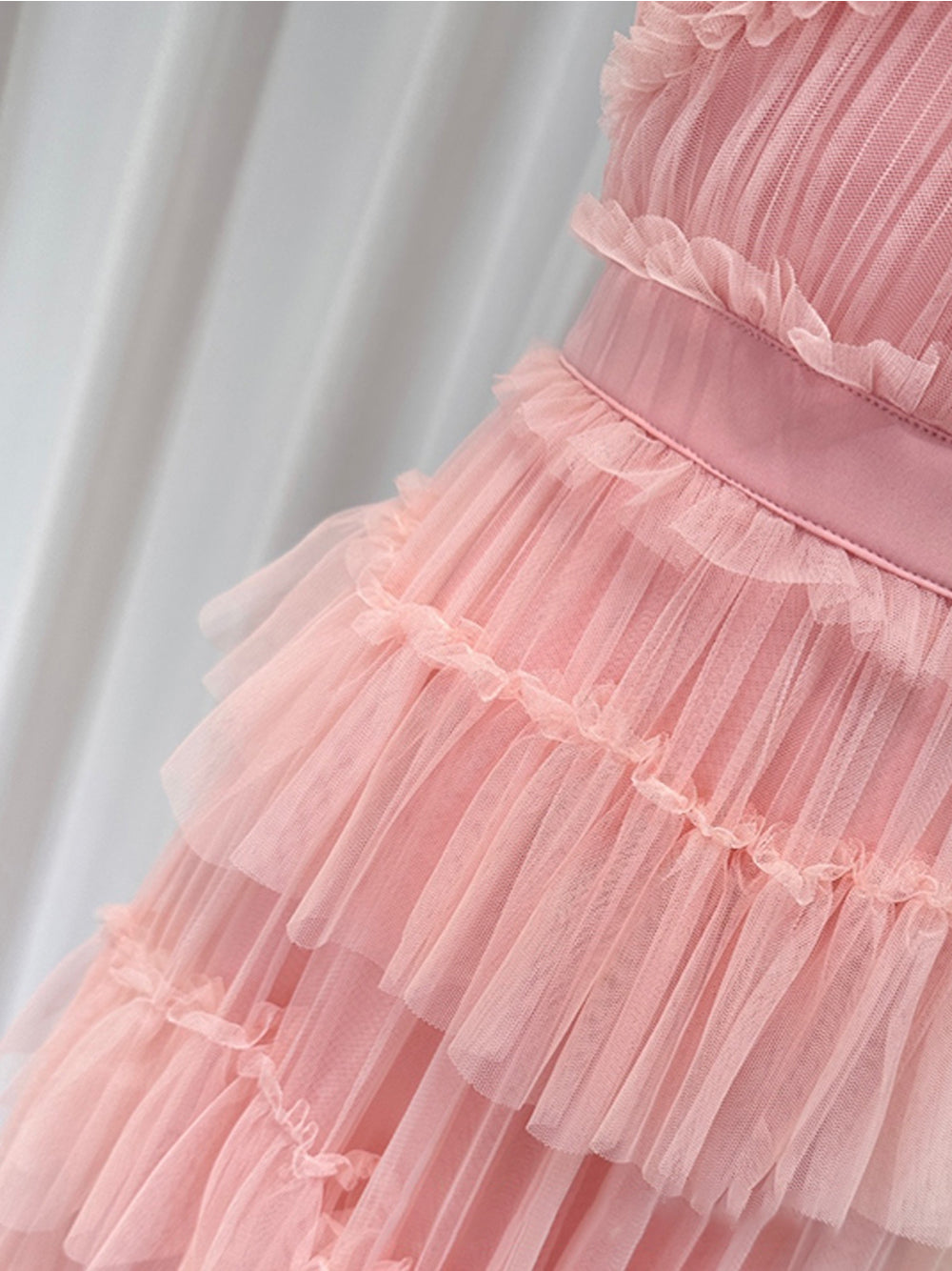 Pink Ruffle Strap Sweetheart Tiered Tulle Fit-and-Flare Maxi Dress 11