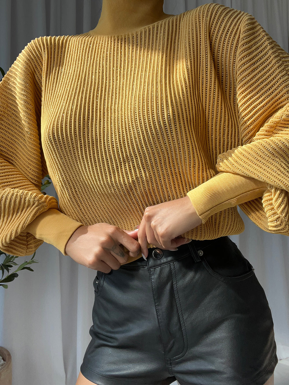 Brown Turtleneck Rhinestone Ribbed-Knit Long Sleeve Sweater
