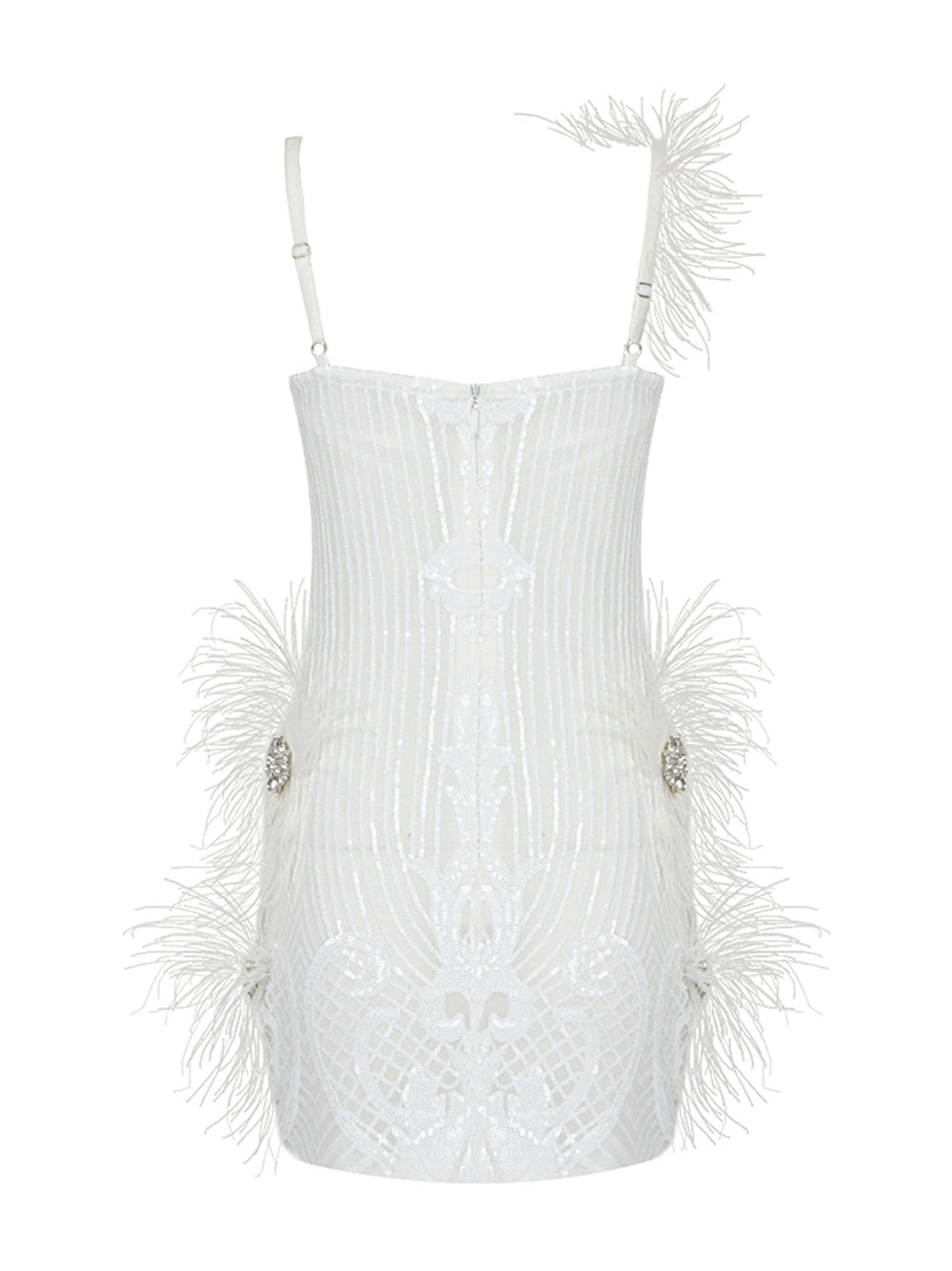 V-Neck Spaghetti Strap Sequin Feather Trim Bodycon Mini Dress 4