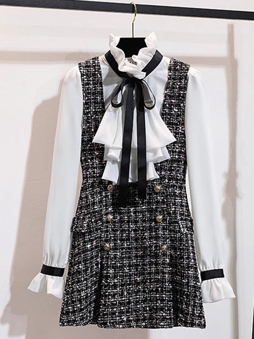 Gray Ruffle Tie Neck Blouse Tweed Pinafore Mini Skirt Set 9