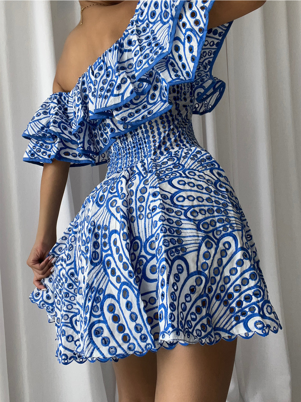 Off-Shoulder Ruffle Eyelet Embroidered Scallop Hem Flared Mini Dress 2