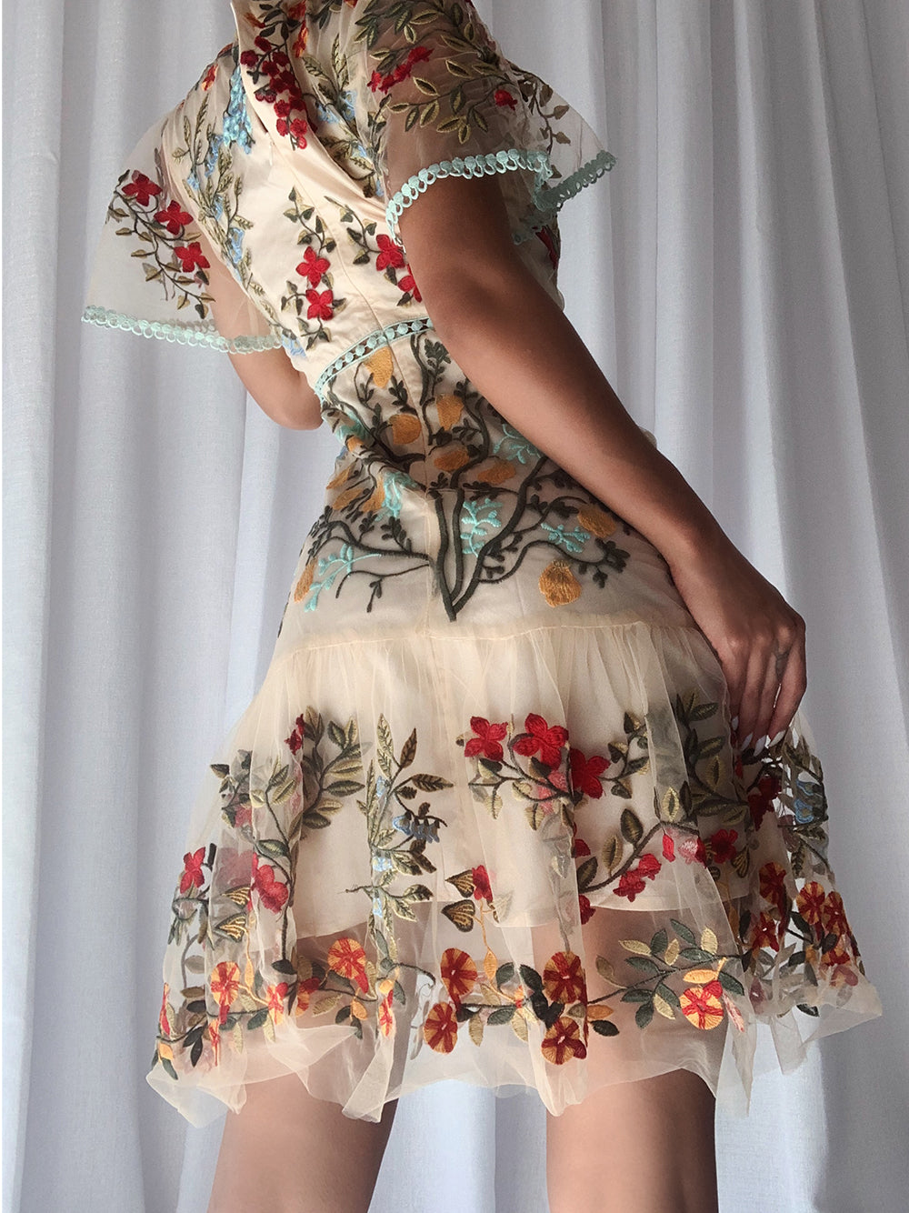 Apricot Round Neck Floral Embroidered Scalloped Trim Sheer Mesh Midi Dress 2