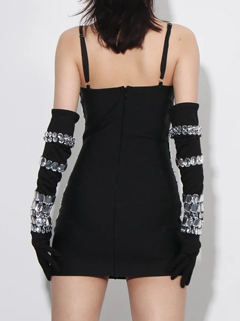 Black Spaghetti Strap Crystal Embellished Bodycon Mini Dress