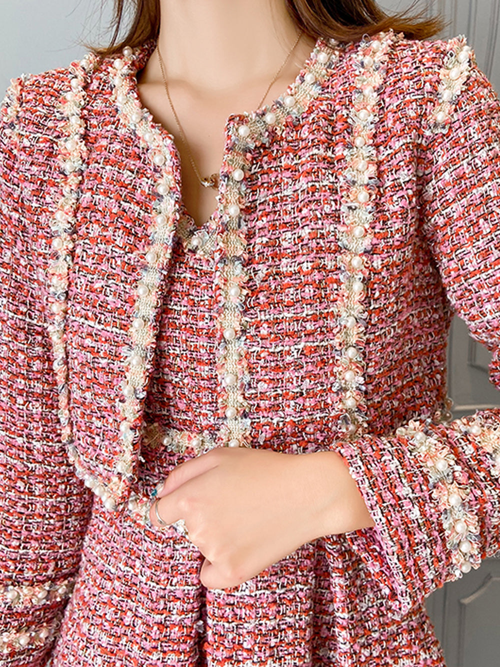 Pink Pearl Trim Tweed Jacket Slip Dress Set