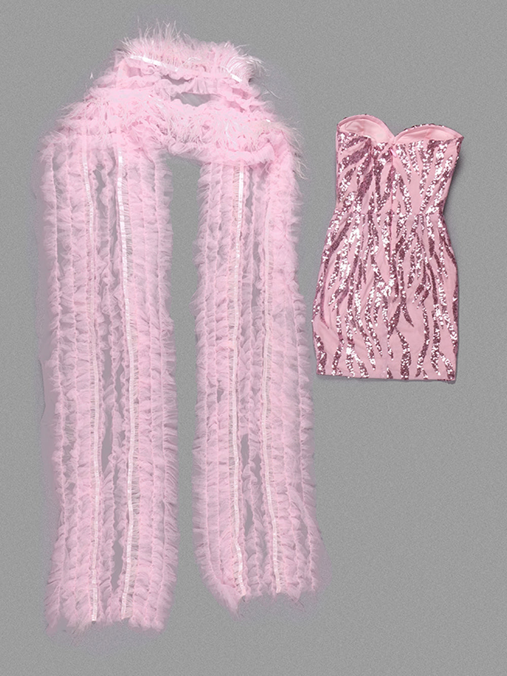 Pink Off-Shoulder Crystal Bust Feather Sleeve Sequin Bodycon Mini Dress 4