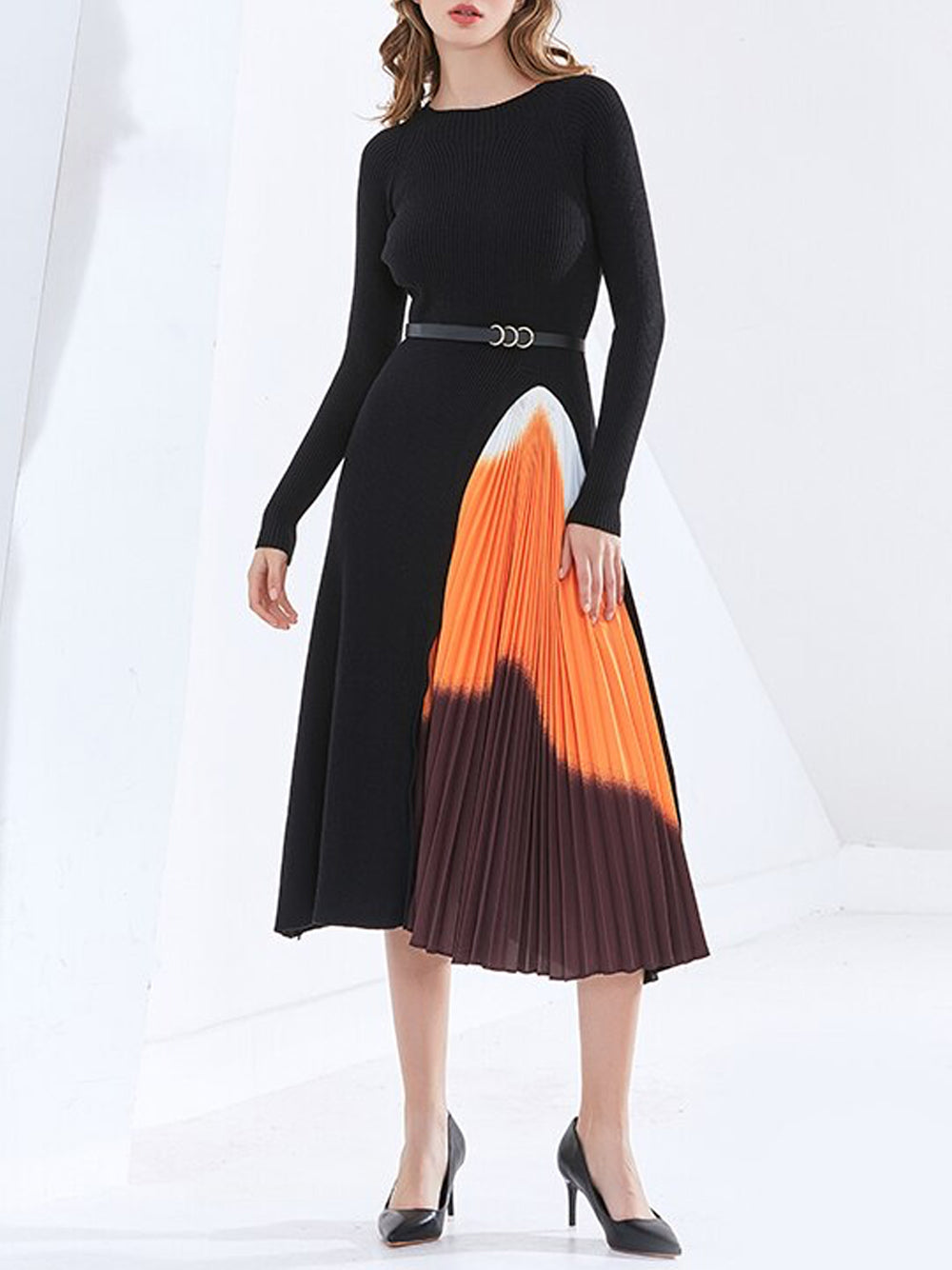 Black Round Neck Ribbed Knit Belted Pleated Panel Maxi Dress 10