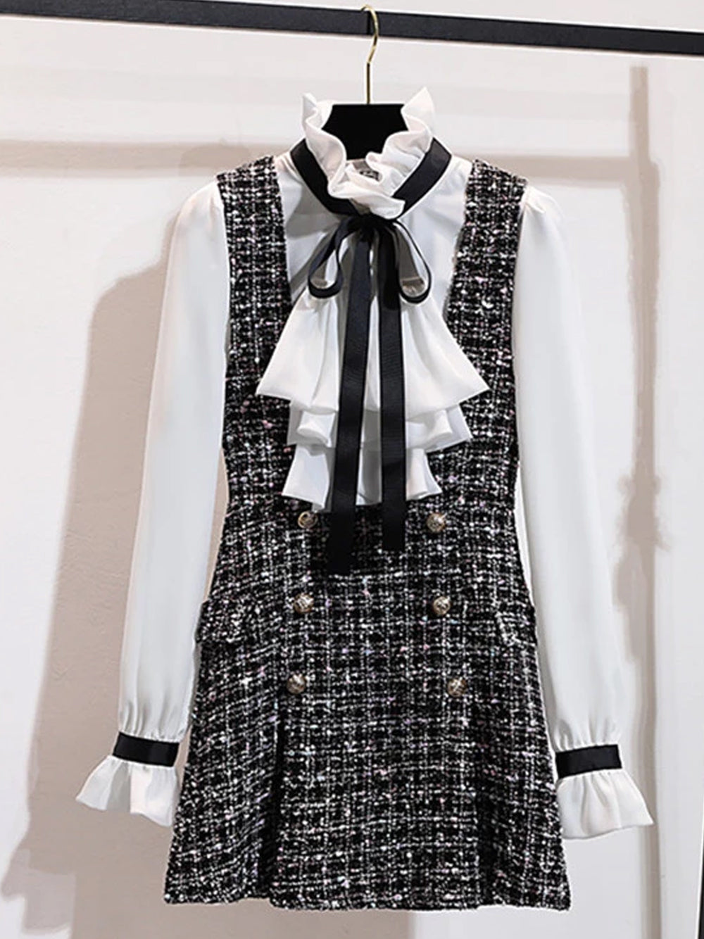 Gray Ruffle Bow Blouse and Tweed Pinafore Mini Dress Set